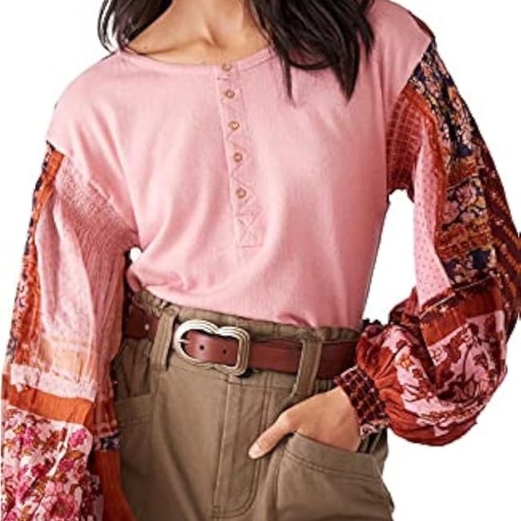 Free People - Light Magic Boho Pink Vintage Button  Henley Blouse Size Medium - Picture 2 of 14